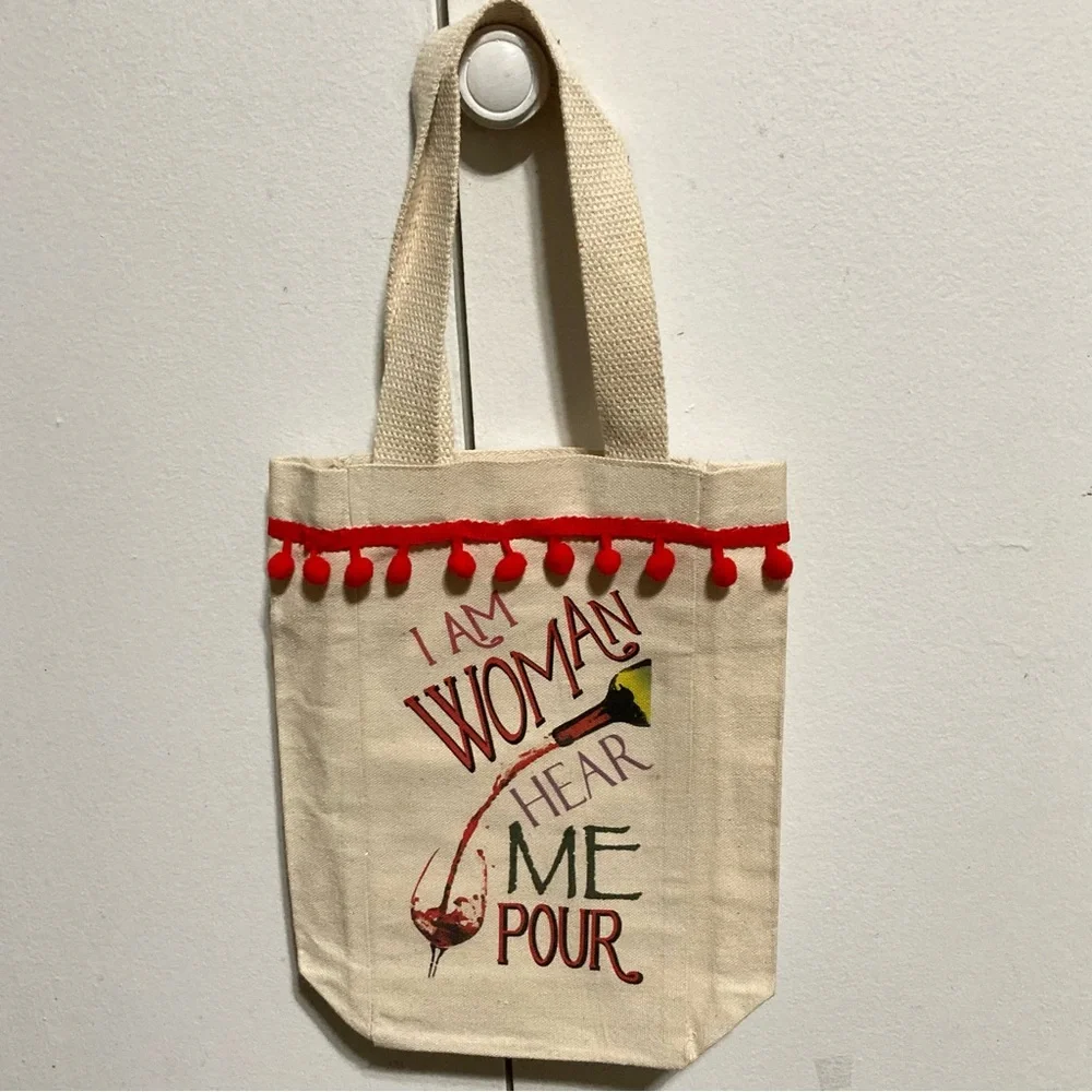 “I Am Woman Hear Me Pour” Double Wine Bottle Gift Canvas Tote Bag 10 in